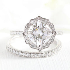 2.30CT Vintage Floral Cushion Cut Moissanite Halo Bridal Engagement Ring Set