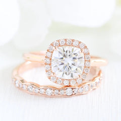 1.65CT Cushion Cut Moissanite Halo Bridal Engagement Ring Set