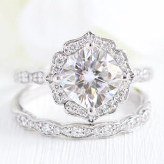 2.30CT Vintage Floral Cushion Cut Moissanite Halo Bridal Engagement Ring Set