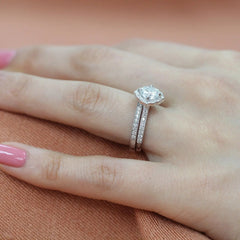 1.0CT Floral Cushion Cut Moissanite Halo Bridal Engagement Ring Set