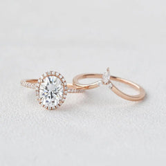 2.54CT Oval Moissanite Halo Engagement Ring with Curved Stacking Band