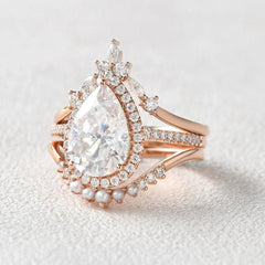 3.50ct Pear Cut Halo Moissanite Vintage Style Inspired Bridal Ring Sets (3 Pcs)