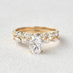 1.5ct Oval Cut Moissanite Cluster Marquise Bridal Ring Set For Her