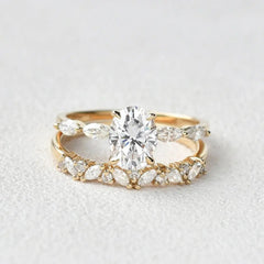 1.5ct Oval Cut Moissanite Cluster Marquise Bridal Ring Set For Her