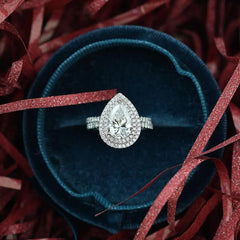 1.86CT Pear Cut Moissanite Double Halo Engagement Ring with Full Eternity Wedding Band