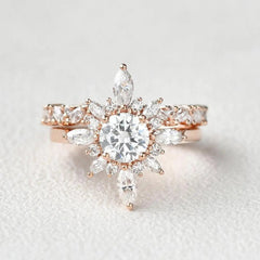 1.0ct Round Cut Moissanite Floral Marquise Cluster Ring Set In 18K Solid Gold For Her