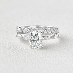 1.5ct Oval Cut Moissanite Cluster Marquise Bridal Ring Set For Her