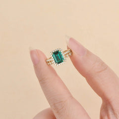 1.91ct Emerald & Moissanite Halo Gold Bridal Ring Set 18K Rose Gold For Her