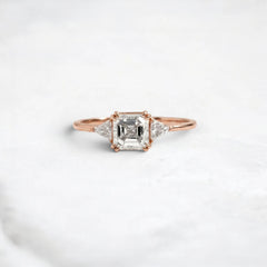 1.01CT Asscher Cut Three Stone Moissanite Engagement Ring with Triangle Side Stones