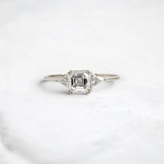 1.01CT Asscher Cut Three Stone Moissanite Engagement Ring with Triangle Side Stones