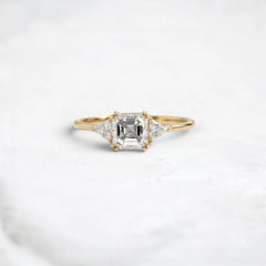 1.01CT Asscher Cut Three Stone Moissanite Engagement Ring with Triangle Side Stones