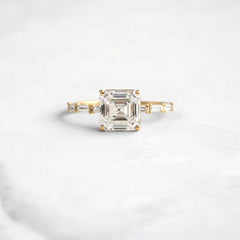 Asscher Cut 2.12CT Moissanite Engagement Ring with Six Baguette Side Stones Pave Style Band in 14K Gold