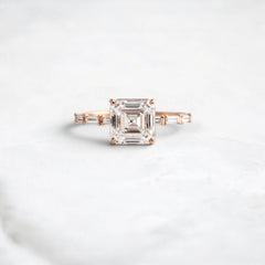 Asscher Cut 2.12CT Moissanite Engagement Ring with Six Baguette Side Stones Pave Style Band in 14K Gold