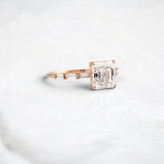 Asscher Cut 2.12CT Moissanite Engagement Ring with Six Baguette Side Stones Pave Style Band in 14K Gold
