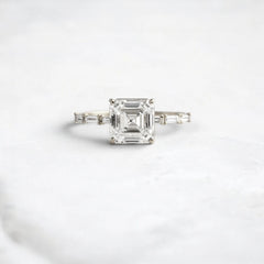 Asscher Cut 2.12CT Moissanite Engagement Ring with Six Baguette Side Stones Pave Style Band in 14K Gold