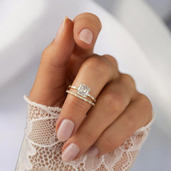 Asscher Cut 2.12CT Moissanite Engagement Ring with Six Baguette Side Stones Pave Style Band in 14K Gold