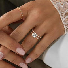 Asscher Cut 2.12CT Moissanite Engagement Ring with Six Baguette Side Stones Pave Style Band in 14K Gold