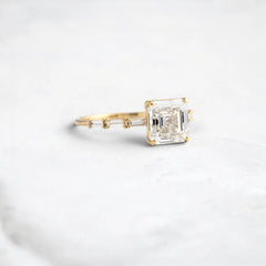 Asscher Cut 2.12CT Moissanite Engagement Ring with Six Baguette Side Stones Pave Style Band in 14K Gold