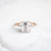 Asscher Shape Moissanite Twisted Pave Band Engagement Ring Accented Six Round Cut