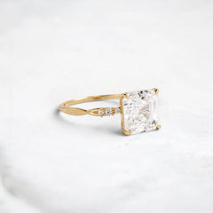 Asscher Shape Moissanite Twisted Pave Band Engagement Ring Accented Six Round Cut