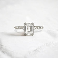 Handmade emerald diamond engagement ring with pave setting floating round double prong