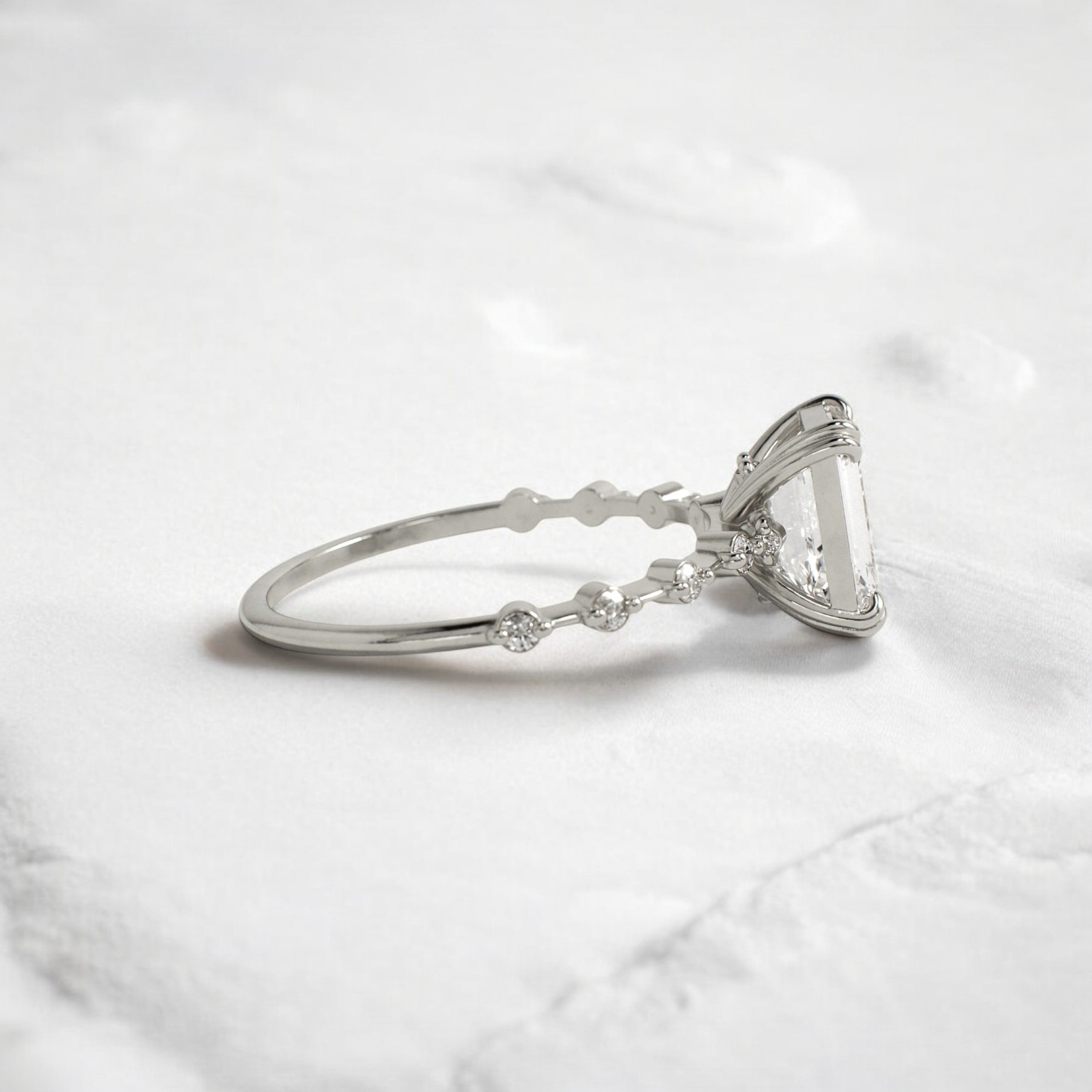 Handmade emerald diamond engagement ring with pave setting floating round double prong