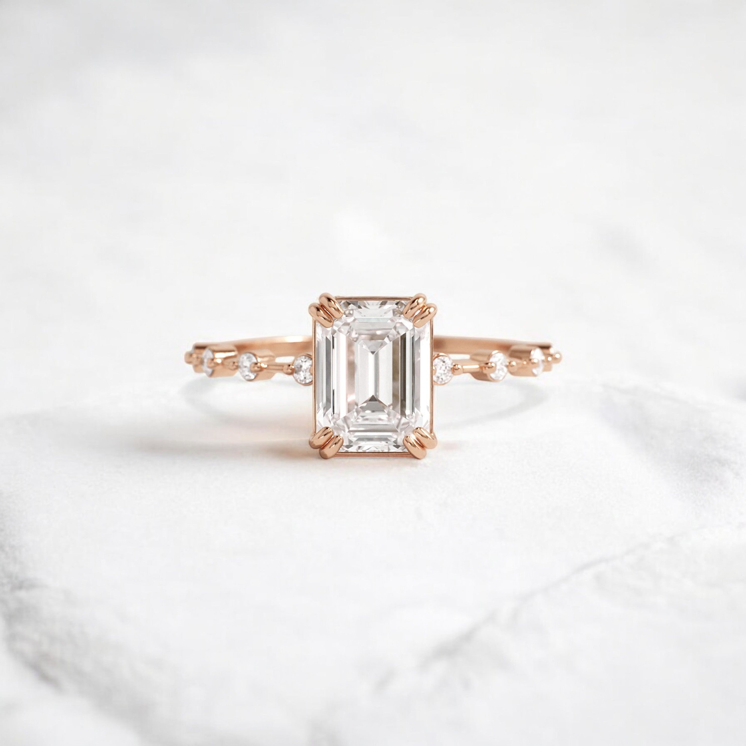 Handmade emerald diamond engagement ring with pave setting floating round double prong