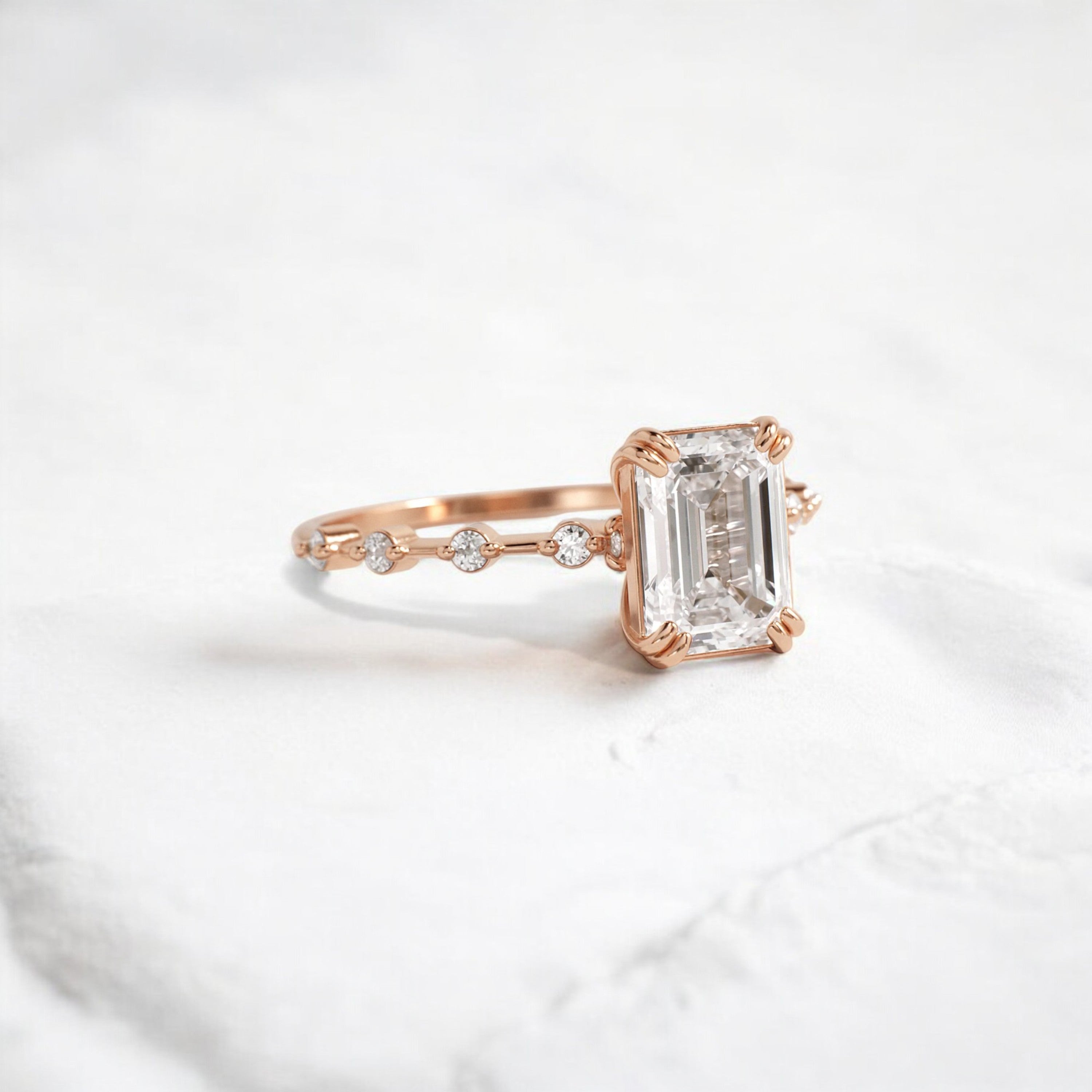 Handmade emerald diamond engagement ring with pave setting floating round double prong