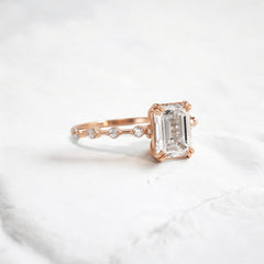 Handmade emerald diamond engagement ring with pave setting floating round double prong