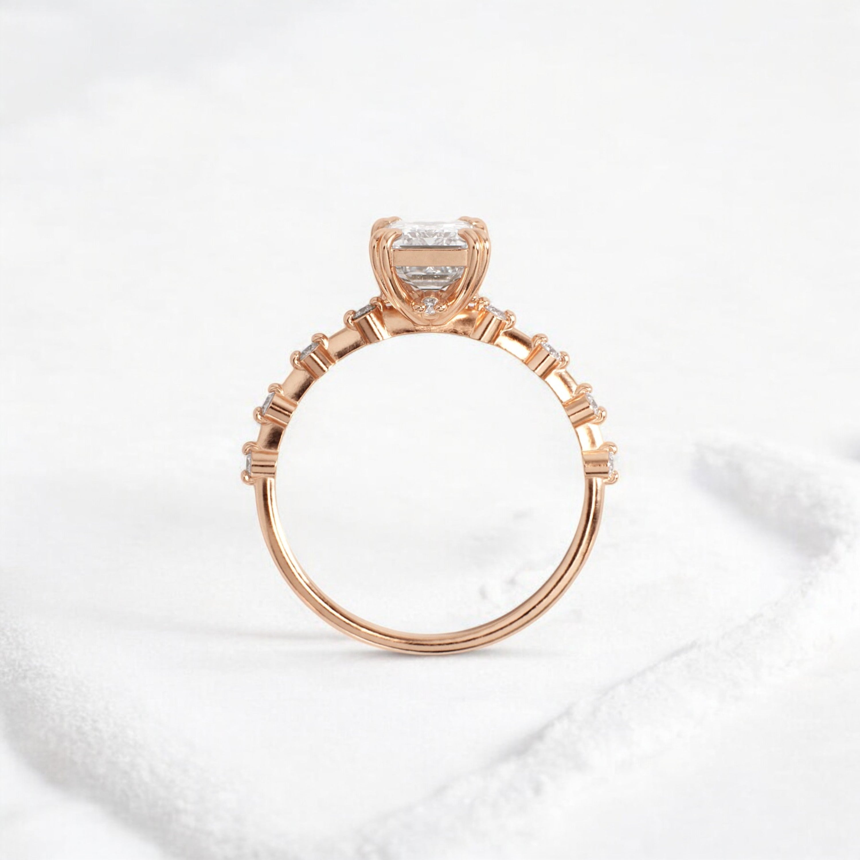 Handmade emerald diamond engagement ring with pave setting floating round double prong