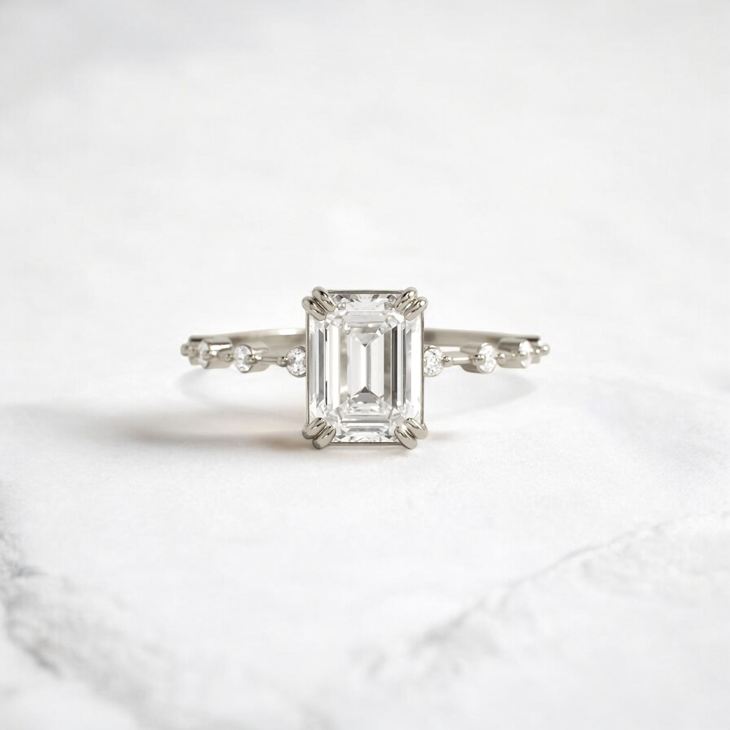 Handmade emerald diamond engagement ring with pave setting floating round double prong