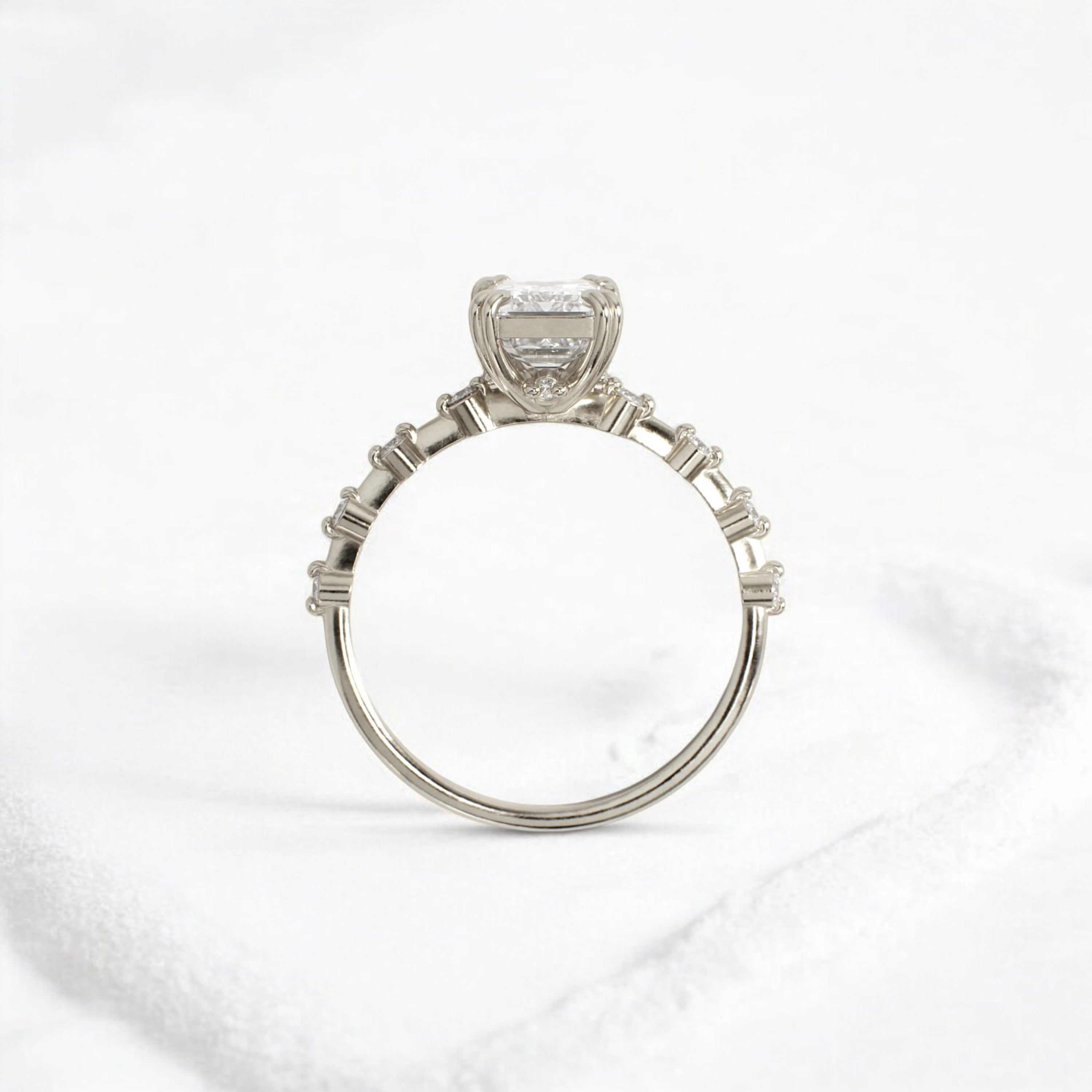 Handmade emerald diamond engagement ring with pave setting floating round double prong