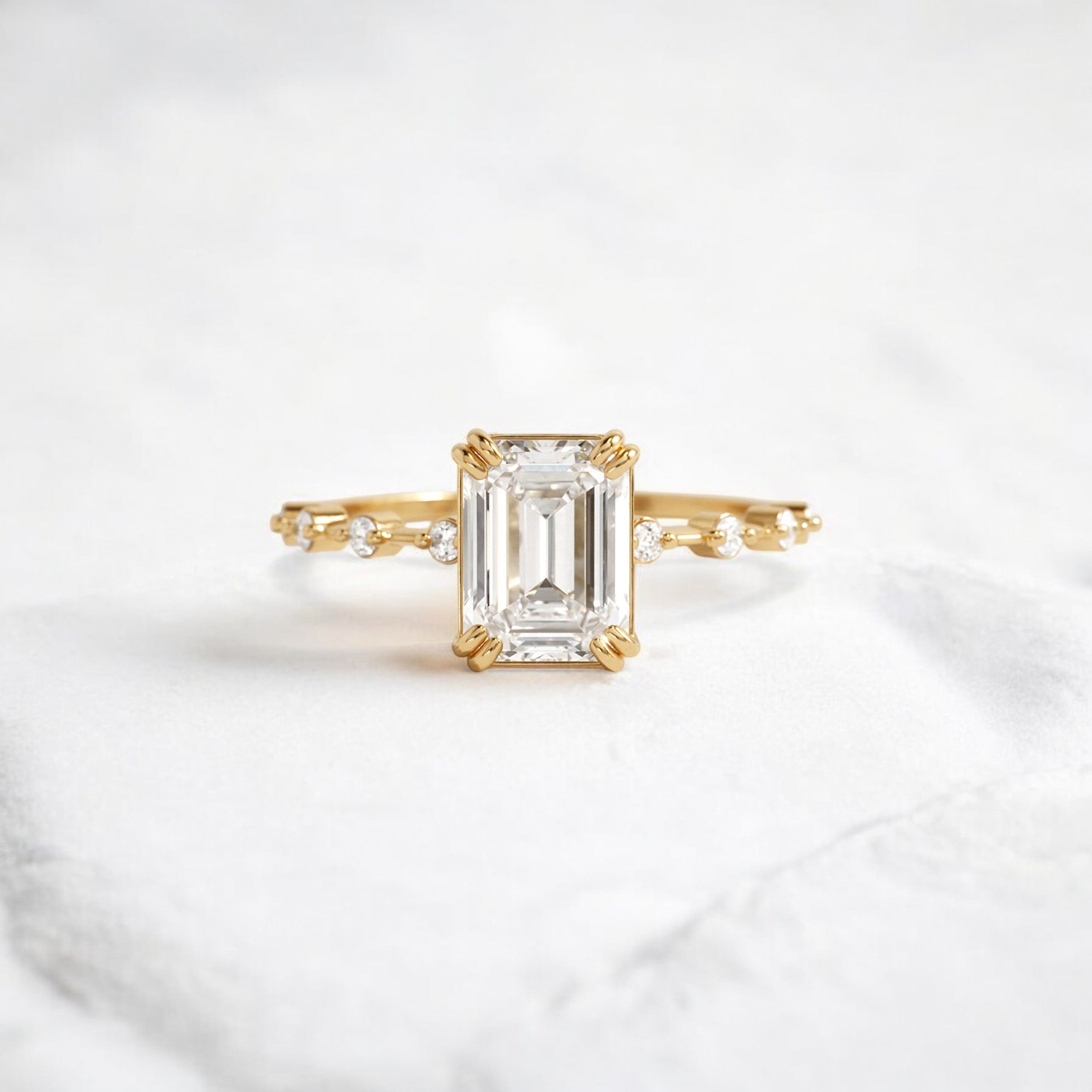 Handmade emerald diamond engagement ring with pave setting floating round double prong