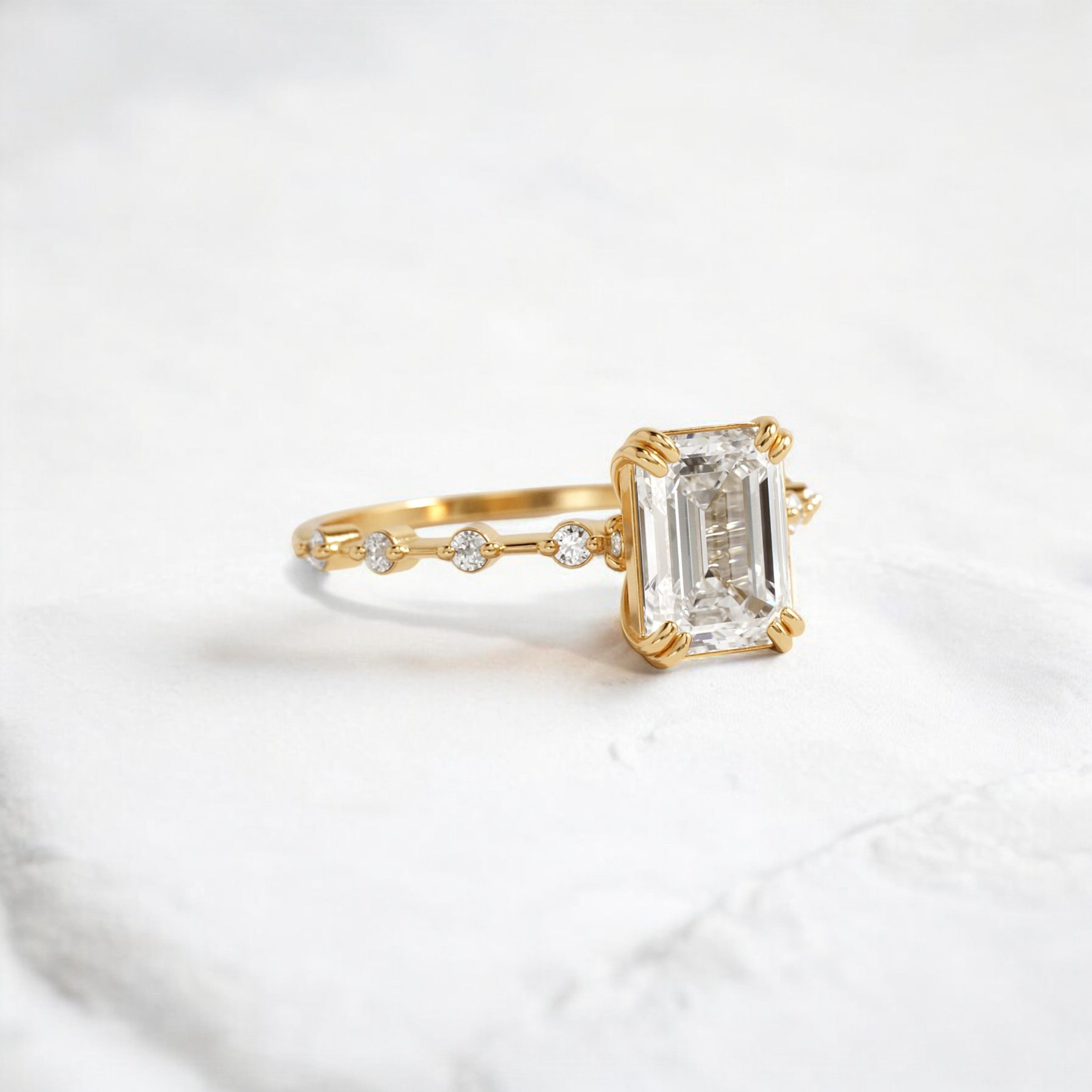 Handmade emerald diamond engagement ring with pave setting floating round double prong