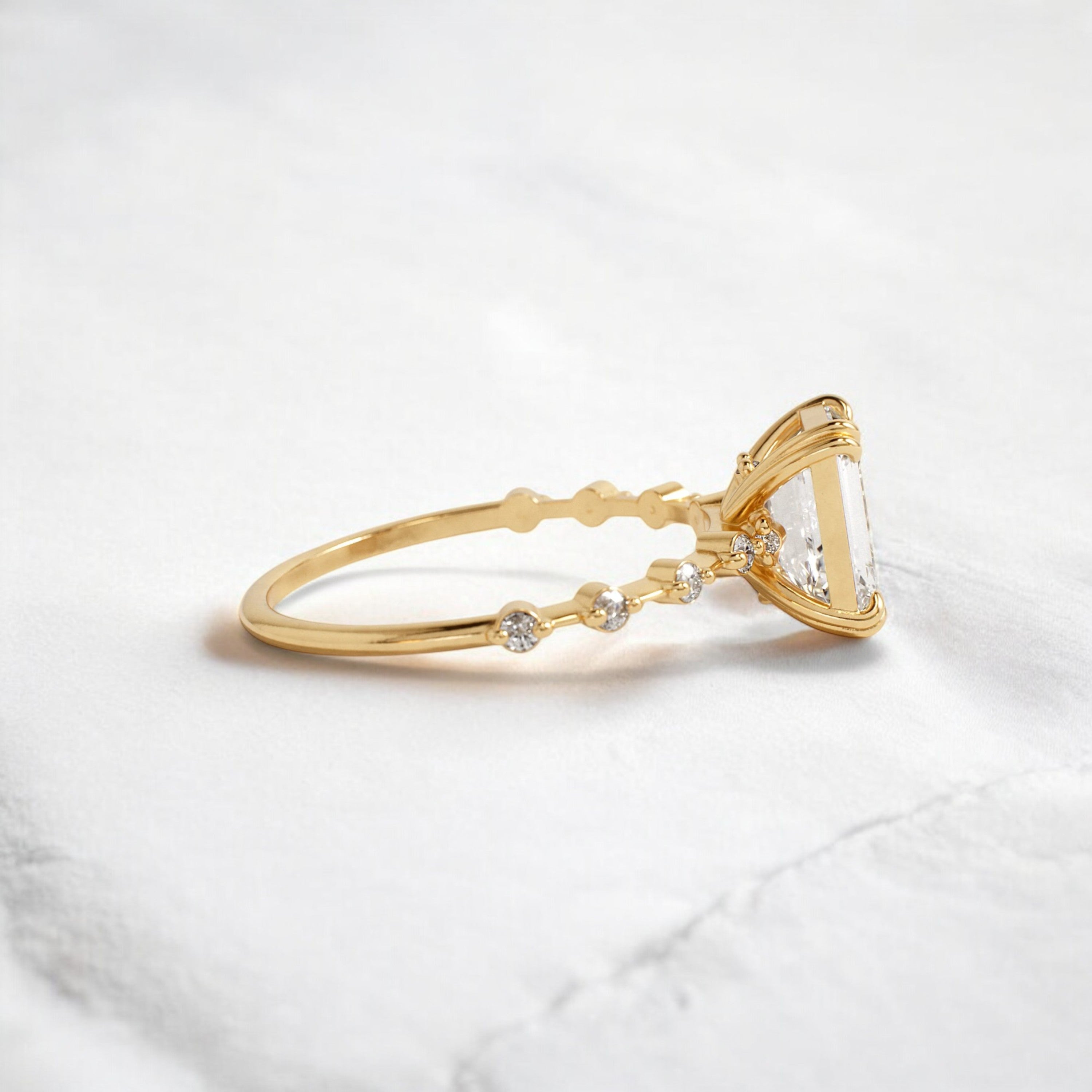 Handmade emerald diamond engagement ring with pave setting floating round double prong