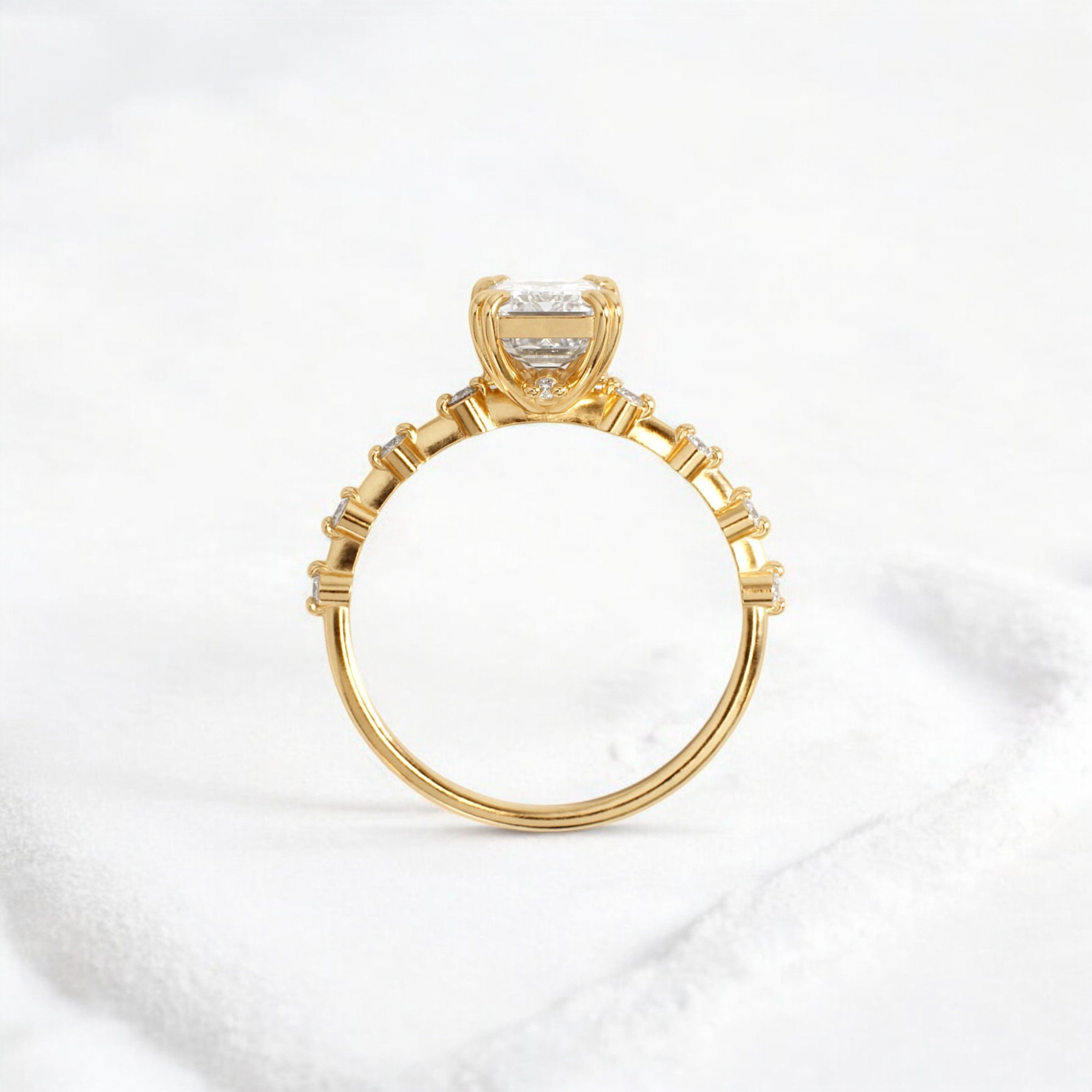 Handmade emerald diamond engagement ring with pave setting floating round double prong