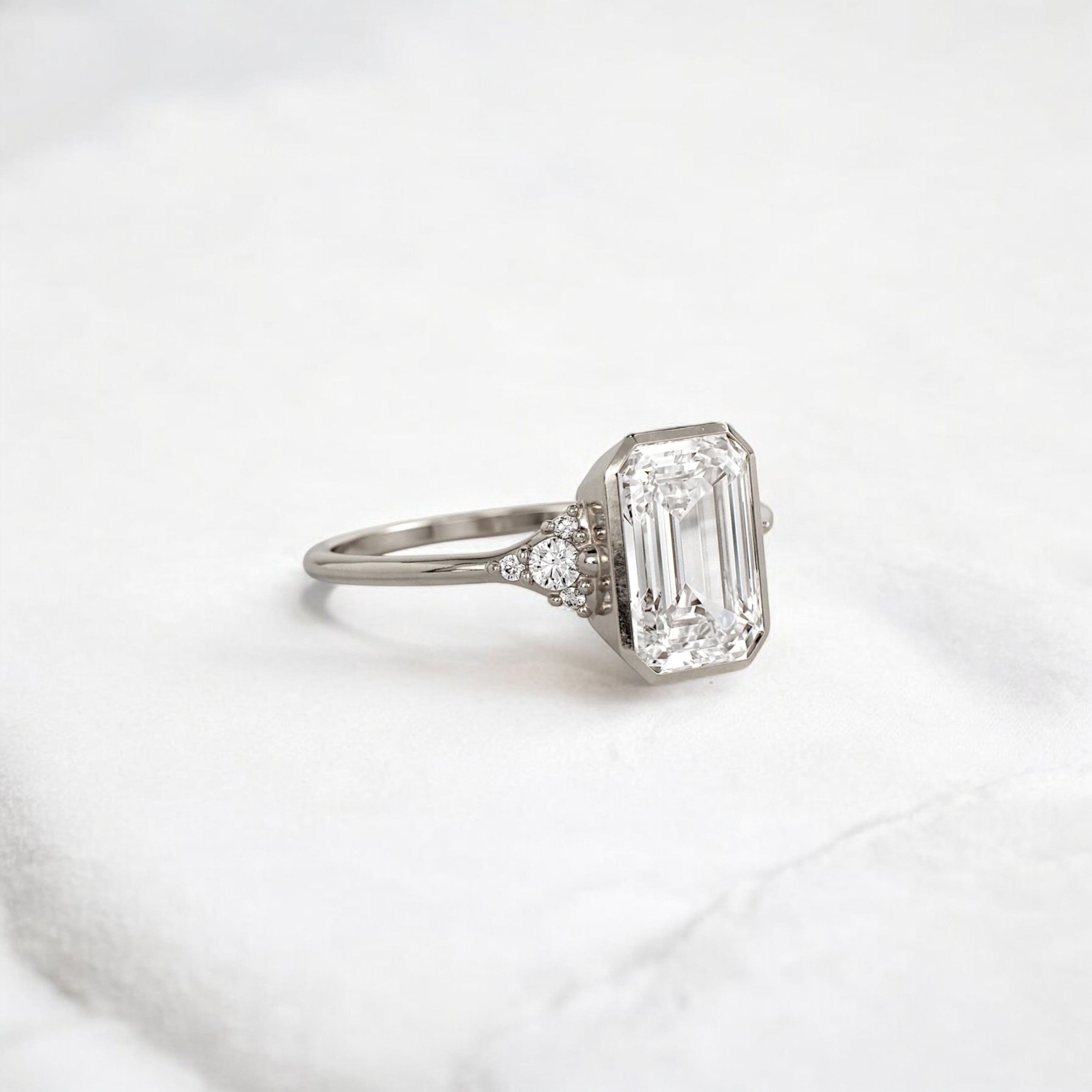 Luxury bezel handmade Cluster emerald cut engagement ring