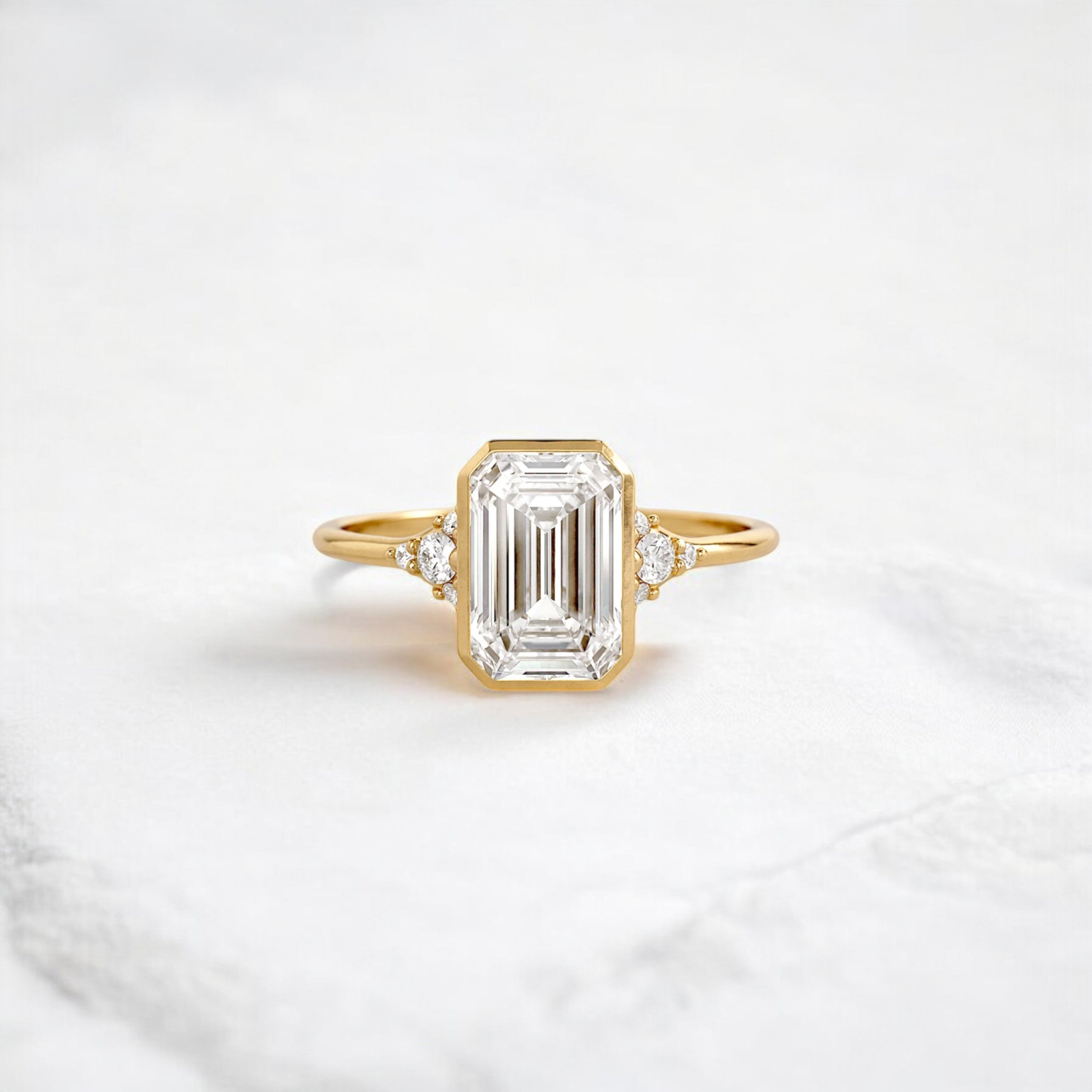 Luxury bezel handmade Cluster emerald cut engagement ring