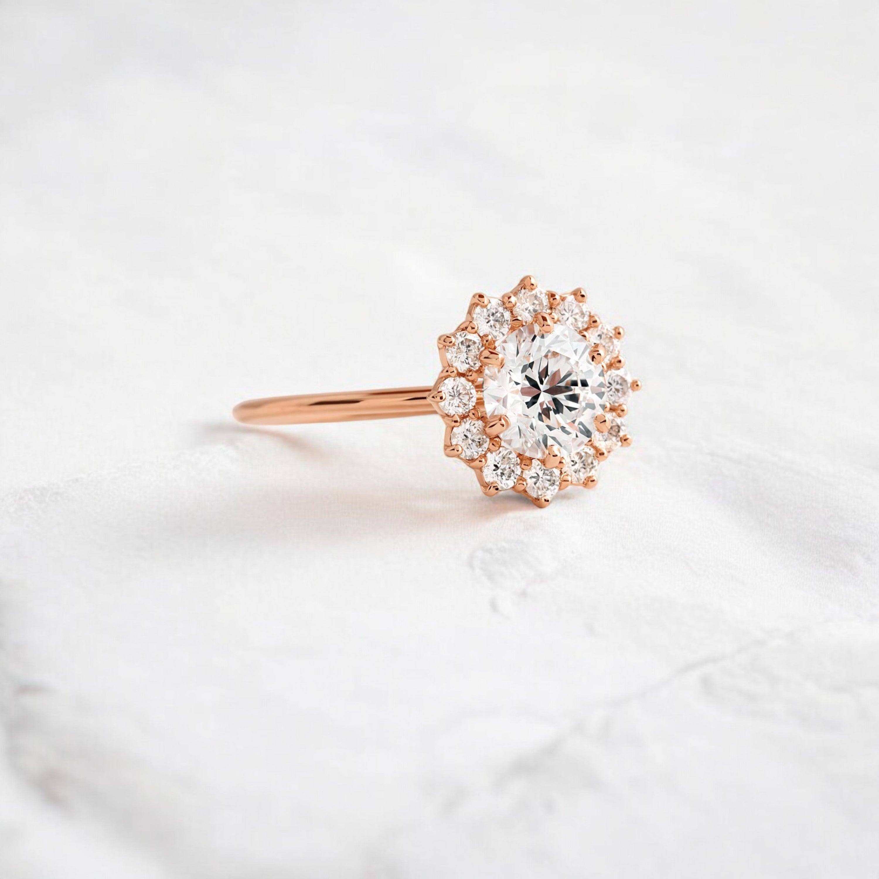 handmade-round-cut-1-ct-moissanite-sunflower-halo-engagement-ring-rose-gold-gemfora