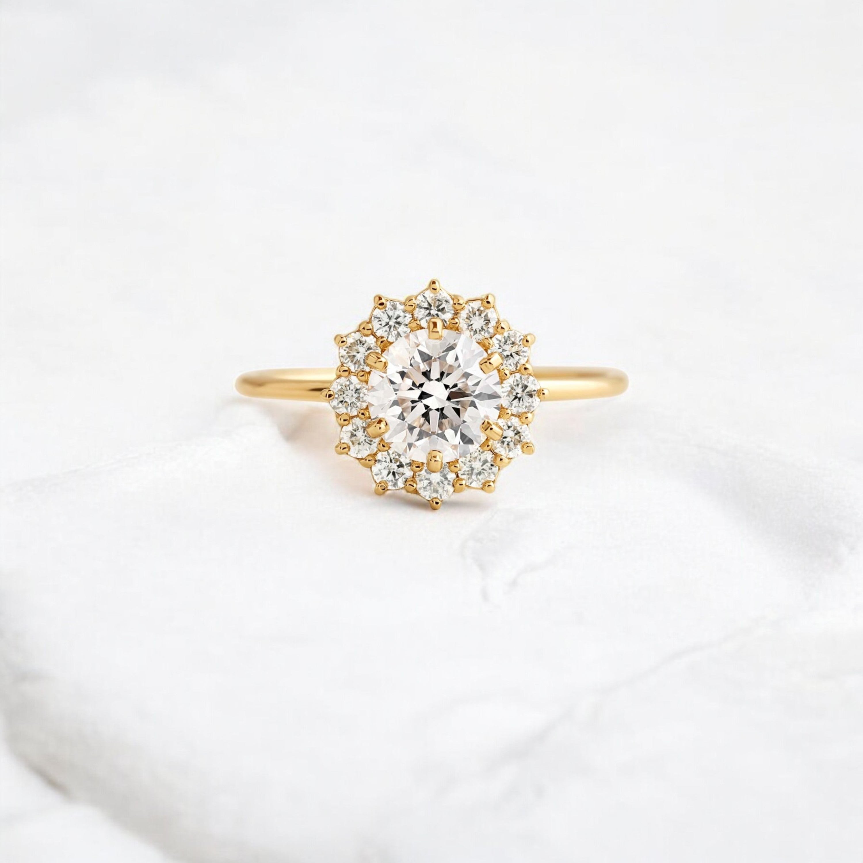 handmade-round-cut-1-ct-moissanite-sunflower-halo-engagement-ring-yellow-gold-gemfora