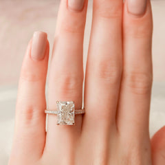 5.50CT Radiant Cut Four Prong Moissanite Hidden Halo Three Sie Pave Engagement Ring