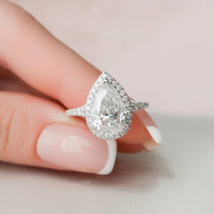 3.0CT Pear Cut Halo Moissanite Diamond Split Shank Engagement Ring