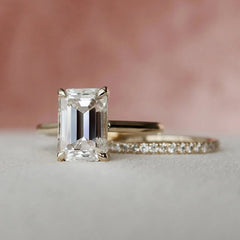 3.0CT Emerald Cut Moissanite Halo Bridal Engagement Ring Set