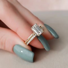 2.0CT Emerald Cut Moissanite Diamond Halo Bridal Engagement Ring Set