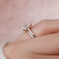 3.0CT Emerald Cut Moissanite Halo Bridal Engagement Ring Set