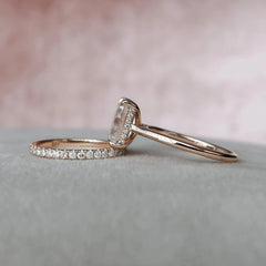3.0CT Emerald Cut Moissanite Halo Bridal Engagement Ring Set