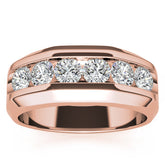 7mm Round Cut Six Stone Men's Wedding Band in Rose Gold