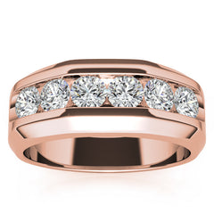 7mm Round Cut Six Stone Men's Wedding Band in Rose Gold