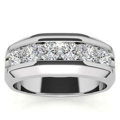 7mm Round Cut Six Stone Men's Wedding Band in Rose Gold