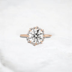 Scalloped Halo Round Diamond Engagement Ring Vintage Bridal Jewelry